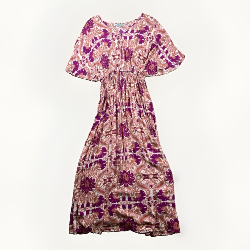 World Market Maxi Dress Size S/M Floral V-Neck Cinched Waist Boho Vacation